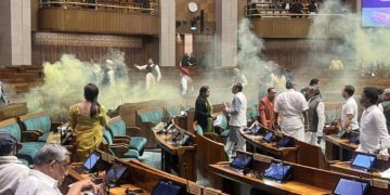 دو نوجوان لوک سبھا کی وزیٹرس گیلری سے ایوان میں داخل ہوئے